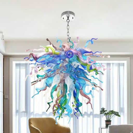 Colorful glass chandelier in modern living room.
