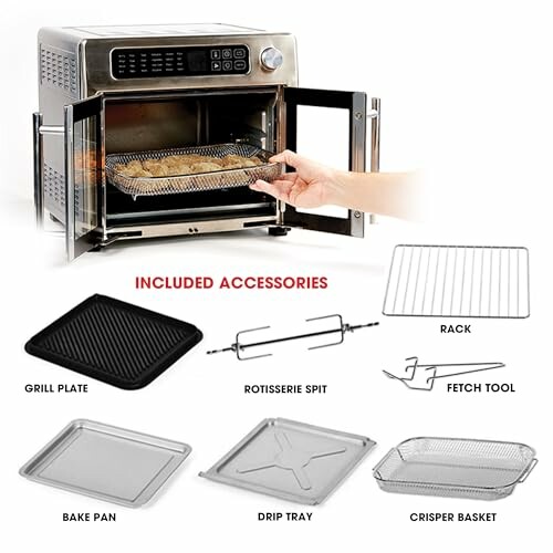 Air fryer oven with included accessories: grill plate, rotisserie spit, fetch tool, rack, bake pan, drip tray, crisper basket.