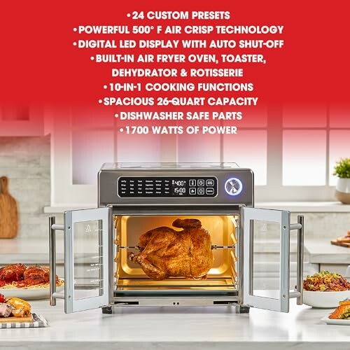 Multi-function air fryer oven with rotisserie and custom presets