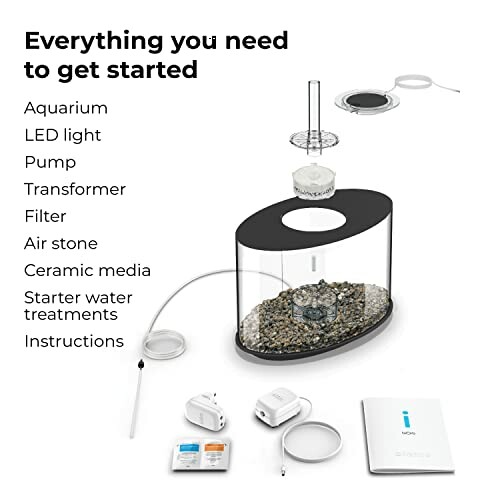 Components of an aquarium starter kit including tank, LED light, pump, transformer, filter, air stone, ceramic media, treatments, and instructions.