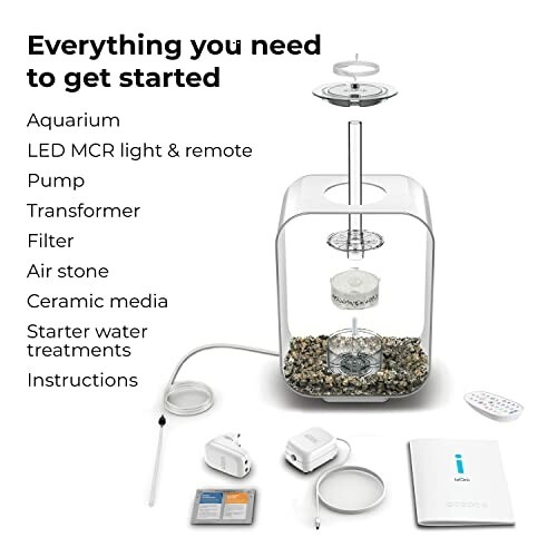 Aquarium starter kit with accessories including pump, filter, and LED light.