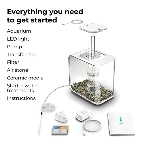 Complete aquarium starter kit with components labeled.