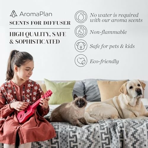 Girl playing ukulele with cat and dog on sofa, promoting AromaPlan diffuser.
