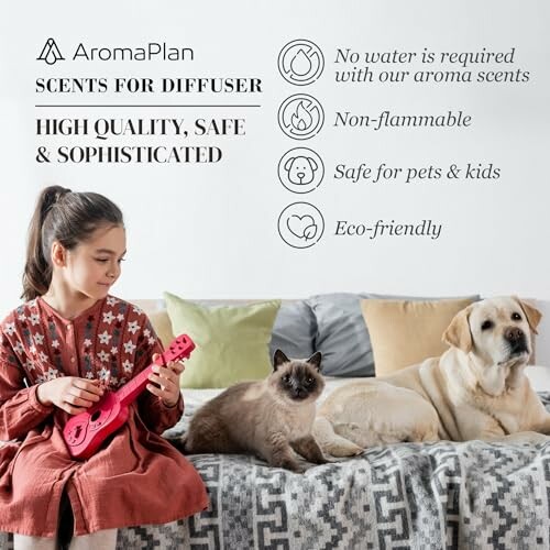 Girl playing ukulele with dog and cat on sofa, highlighting AromaPlan scents benefits.