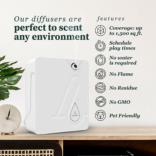 Aromatherapy diffuser with features listed for scenting environments.