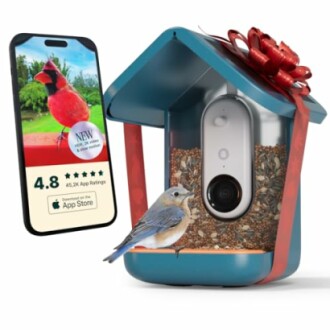 Birdhouse camera with app display and bird perched.