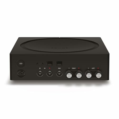 Black audio amplifier with control knobs and various input/output ports
