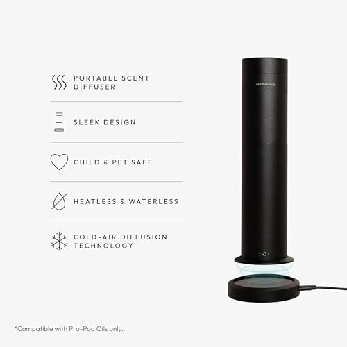 Black portable scent diffuser with sleek design and cold-air diffusion technology.