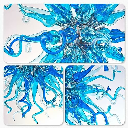 Abstract blue glass sculpture with intricate swirls and loops