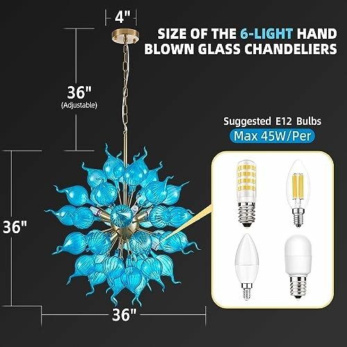 Blue hand-blown glass chandelier with dimensions and bulb suggestions.