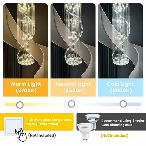 Chandelier lighting with options for warm, neutral, and cold light temperatures.