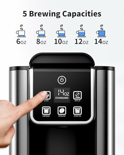 Coffee machine with brewing capacities options.