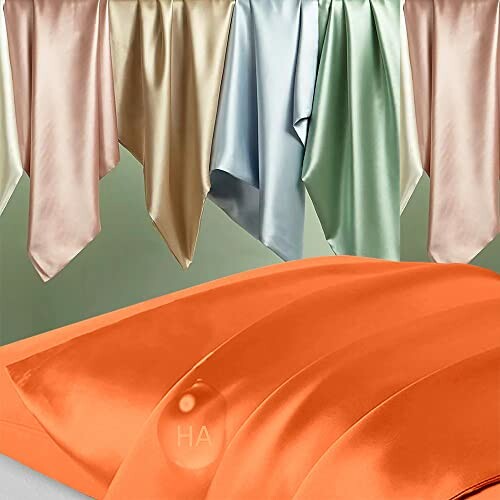 Assorted satin fabrics in various colors.