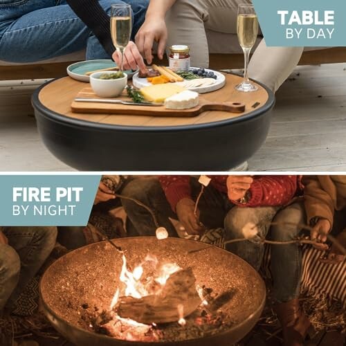 Convertible coffee table transforms into a fire pit.