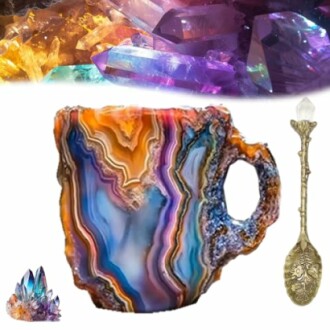 Colorful crystal mug with ornate spoon and gemstones