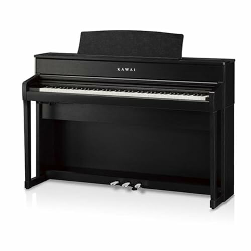 Black digital upright piano with three pedals