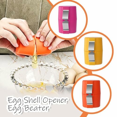 Egg shell opener and beater with colorful designs and a bowl.