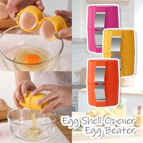 Egg shell opener and beater shown in use with an egg.