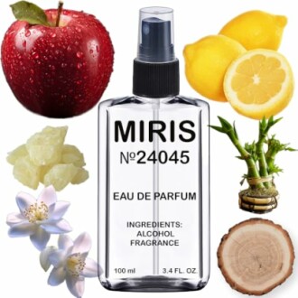 Perfume bottle surrounded by apple, lemon, bamboo, wood, and floral elements.