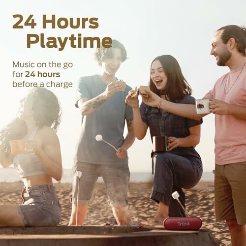 Group enjoying music and roasting marshmallows with Tribit speaker, 24 hours playtime.