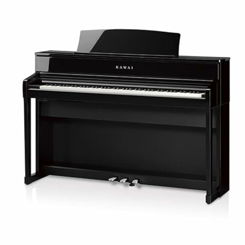 Black Kawai upright piano with closed lid