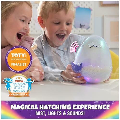Children excitedly watching a magical hatching toy egg with mist, lights, and sounds.