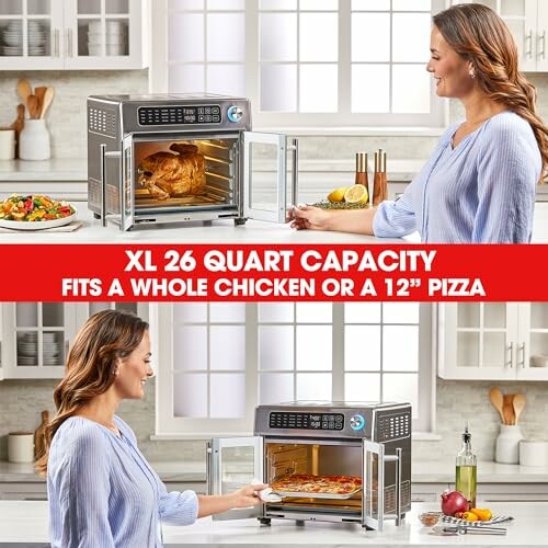 Woman using a countertop oven to cook a chicken and pizza, showcasing its 26-quart capacity.