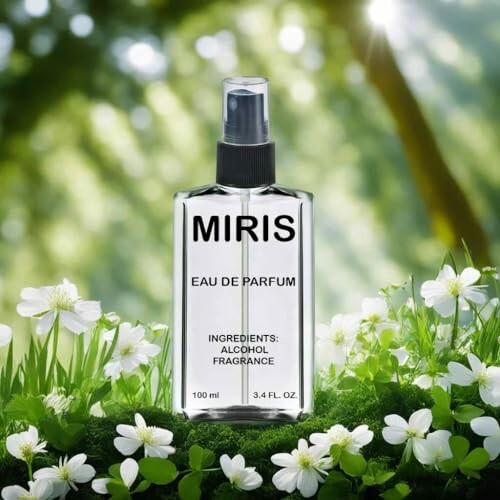Bottle of Miris Eau de Parfum with floral background