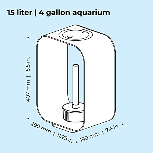 Illustration of a 15-liter, 4-gallon modern aquarium with dimensions.