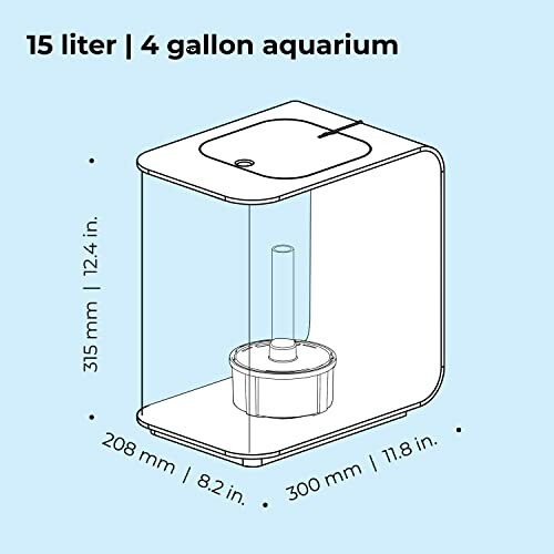 Diagram of a 15-liter, 4-gallon modern aquarium with dimensions.