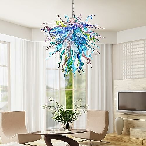 Colorful glass chandelier in modern living room.