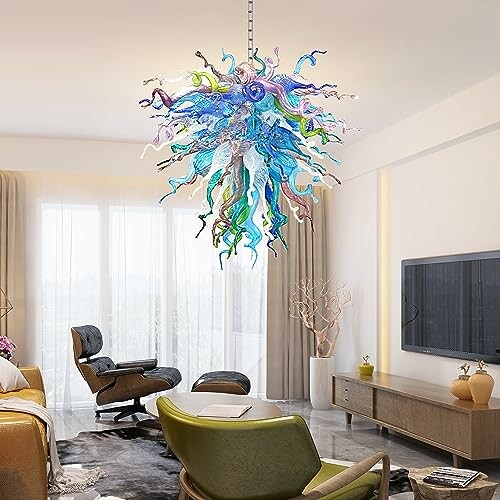Modern living room with artistic colorful chandelier and stylish furniture.