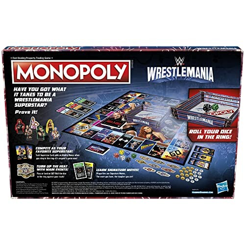 Back of Monopoly WrestleMania board game box showing game pieces and board.