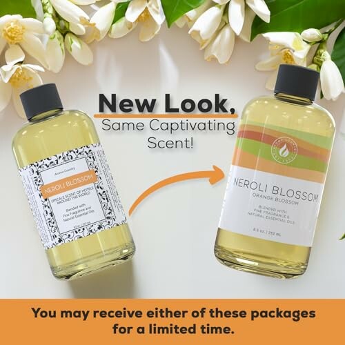 Two bottles of neroli blossom fragrance with updated packaging.