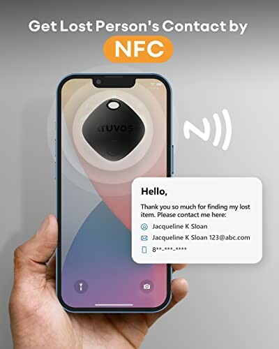 Hand holding phone with NFC contact information displayed.
