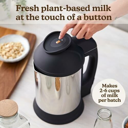 Plant-based milk maker with ingredients and instructions.