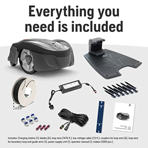 Robot lawn mower with accessories and installation kit.