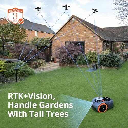 Robot lawnmower navigating garden with tall trees using RTK+Vision.