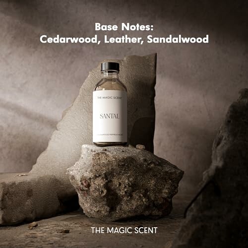 Bottle of Santal fragrance with base notes of cedarwood, leather, sandalwood.