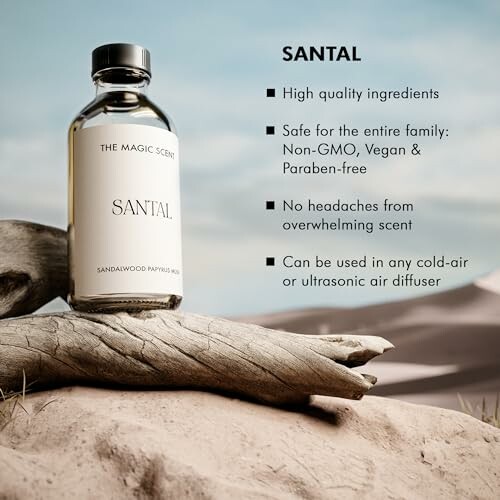 Bottle of Santal fragrance oil with product benefits listed.