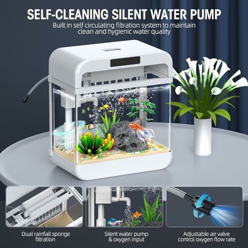 Aquarium with self-cleaning silent water pump and filtration features.