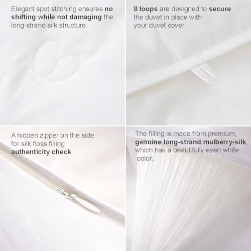 Close-up of silk duvet with stitching, loops, zipper, and mulberry silk filling.