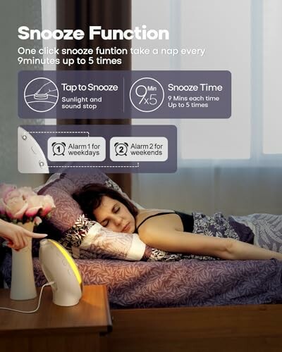 Woman sleeping with snooze function lamp nearby.