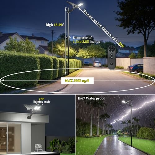 Solar street light with remote control, lighting angle and distance features.