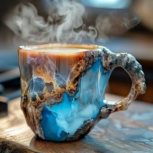 Steaming beverage in a geode-inspired mug.