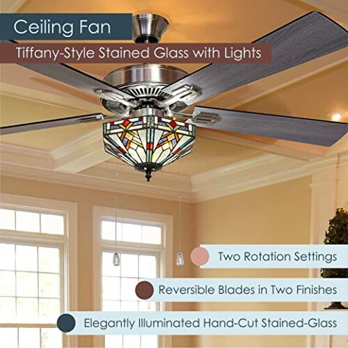 Tiffany-style stained glass ceiling fan with lights and features listed.
