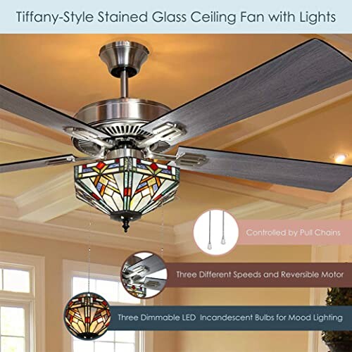 Tiffany-style stained glass ceiling fan with lights.