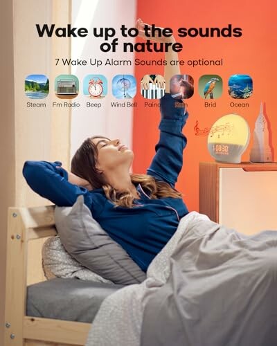 Person waking up with nature sounds alarm clock options.