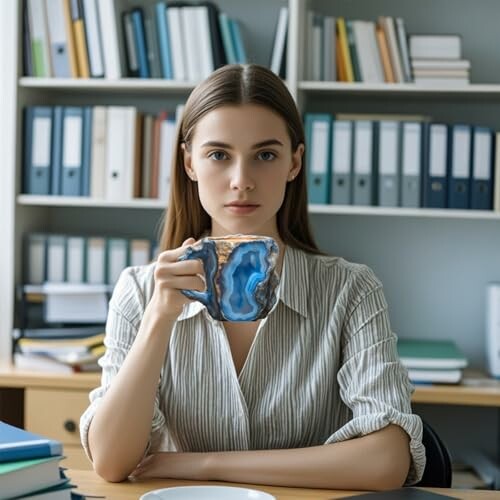 Woman holding a mug in an office setting with shelves of books and binders. 