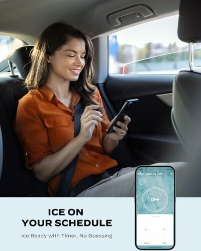 Woman in car using smartphone with ice scheduling app